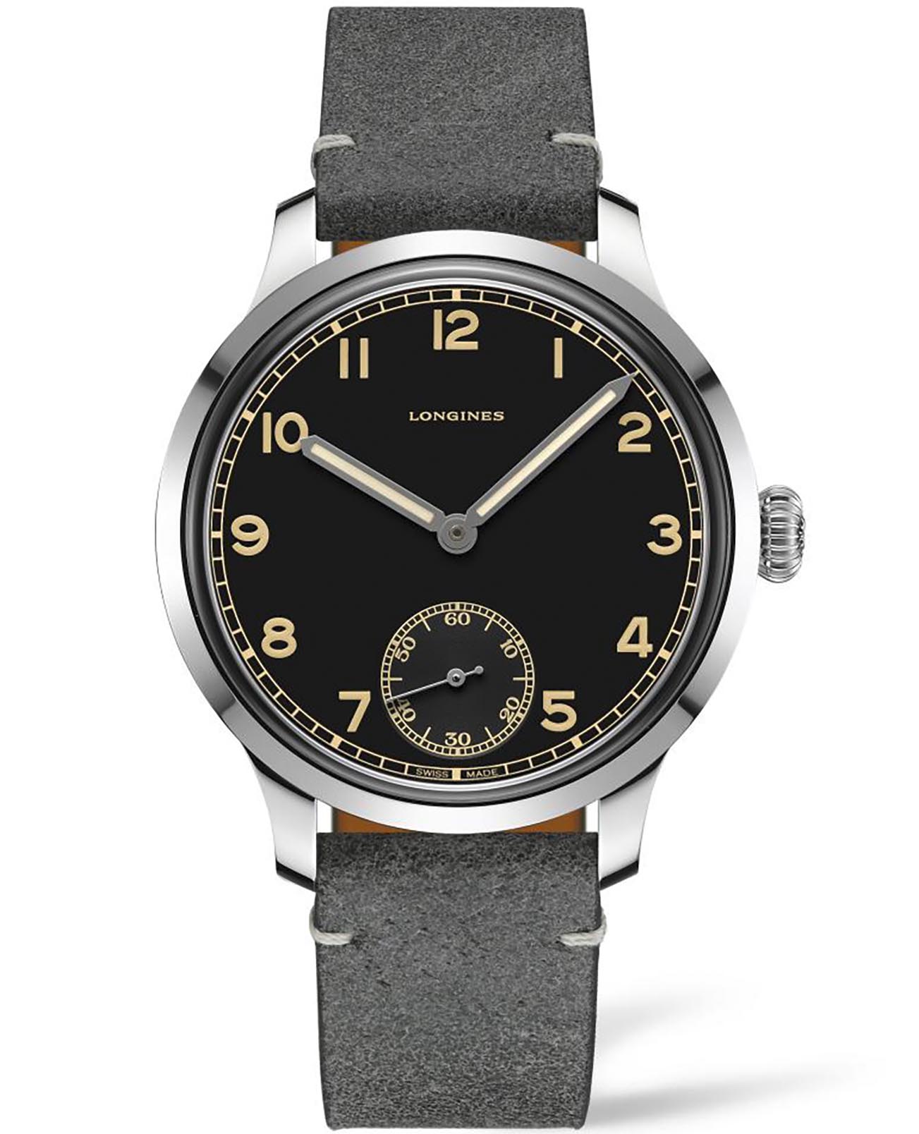 Longines Longines Heritage L2.826.4.53.2  L28264532 механические мужские часы черный циферблат, браслет кожаный — вид спереди